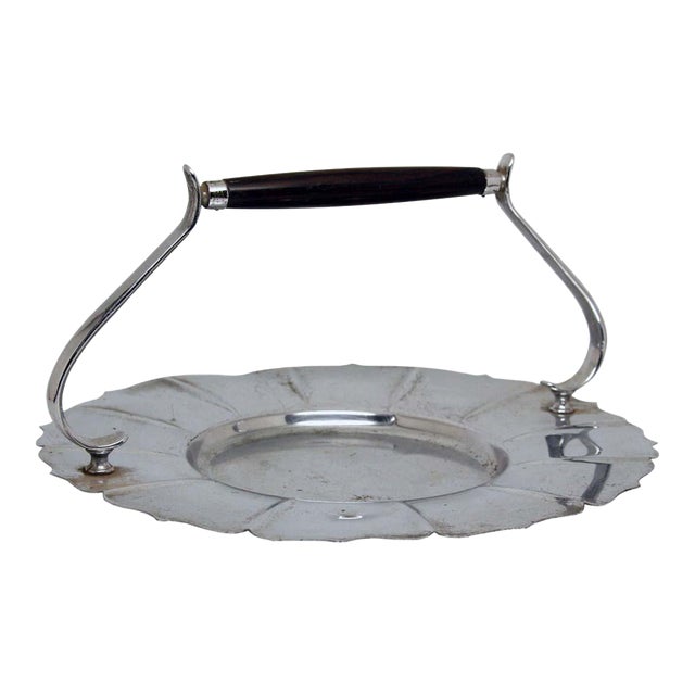 Late 20th Century Bruce Hunt Silver Metal Tray With Wooden Handle For Sale