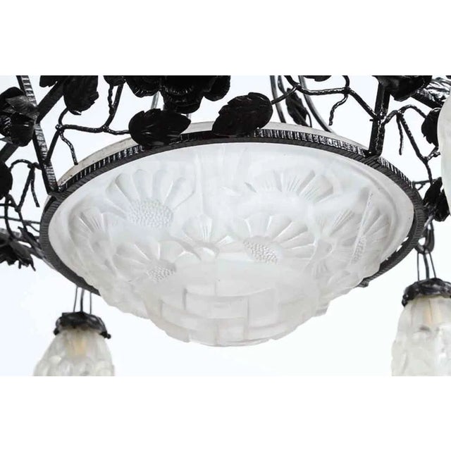 Metal 1930s Art Deco Wrought Iron & Glass 4 Light Chandelier For Sale - Image 7 of 9