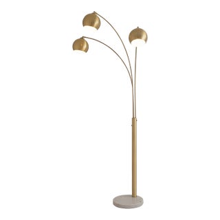 Original 1962 Triplet 3 Light Arc Floor Lamp - Weathered Brass, White Marble Base, Dimmer Switch For Sale