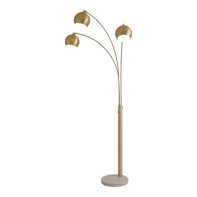 Original 1962 Triplet 3 Light Arc Floor Lamp - Weathered Brass, White Marble Base, Dimmer Switch For Sale