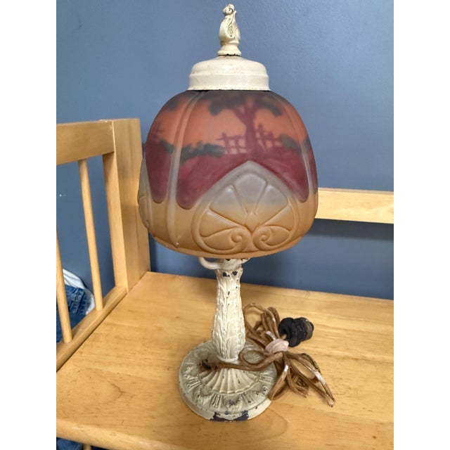 1920s Antique 1920s Reverse Painted Puffed Glass Boudoir Lamp Jefferson Style Scenic Sunset For Sale - Image 5 of 15