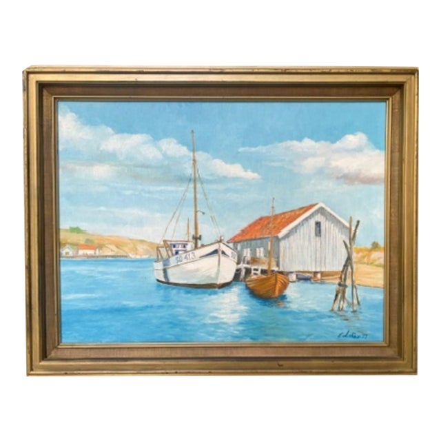 1977 Framed Fishing Harbor Oil Painting, Signed E. LaCasse For Sale