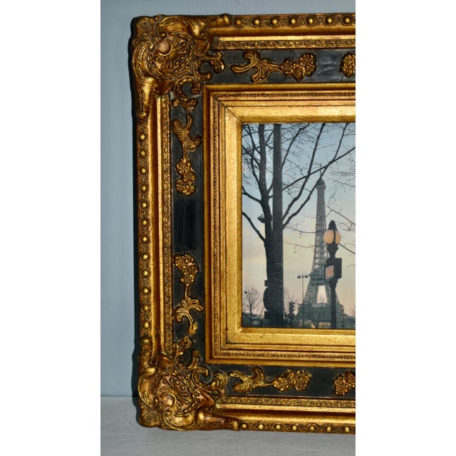 Wood Vtg. Parisian Scene Print in Ornate Black & Gold Rocco Style Frame For Sale - Image 7 of 13