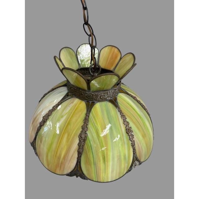Vintage Green, Lotus, Slag Glass Hanging Lamp Light Fixture For Sale - Image 12 of 12