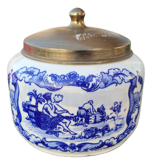 Hand-Painted Dutch Delft Blue Tobacco Jar & Humidor with Brass Lid from Goedewaagen, Gouda, 1930s