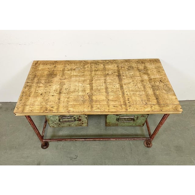 1960s Red Industrial Worktable with Two Green Iron Drawers, 1960s For Sale - Image 5 of 18