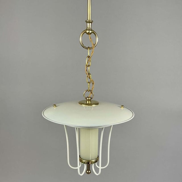 Caged Opaline Glass, Cream and Brass Pendant Lantern, Germany, 1950s For Sale - Image 11 of 17