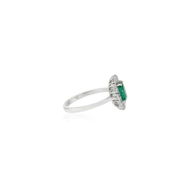 Metal Natural Emerald Pear Diamond Halo Art Deco Ring Size 8 in 14k White Gold For Sale - Image 7 of 16