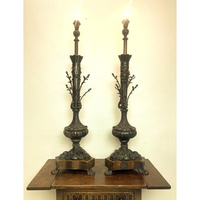 A set of tall table lamps in the shape of a tree branch with twigs, inspired by nature. Made of bronze and wood with Louis...