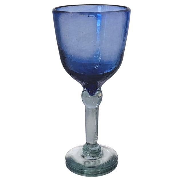 Late 20th Century Mexican Hand-Blown Cobalt Blue Wine Goblets With Aqua Stems 8" - Set of Six For Sale - Image 10 of 15