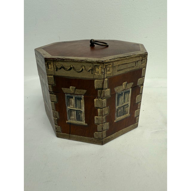 English circa 1920 hand painted wooden tea caddy in the style of a charming house.