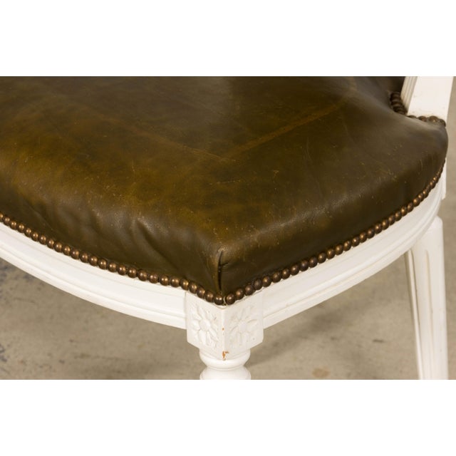 Antique French Louis XVI Style Painted Chairs With Olive Green Leather - A Pair For Sale - Image 11 of 18