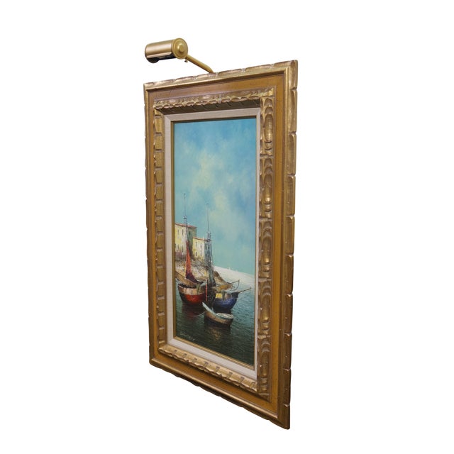 Realism Late 20th Century Eleonore Guinther Nautical Maritime Fishing Boats Harbor Oil Painting 33" For Sale - Image 3 of 15