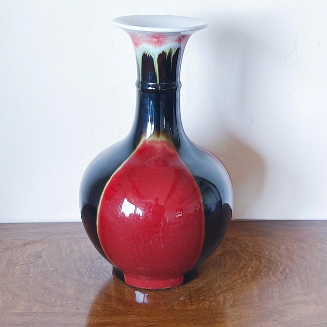 Ceramic Mid-Century Chinese Porcelain Vase in Antique Ox-Blood, Black and Green Flambe Glaze For Sale - Image 7 of 7