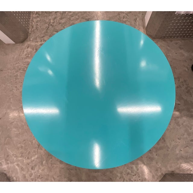 Mid-Century Modern Turquoise Blue Mid Century Round Wood Coffee Cocktail Table Attributed to Dorothy Draper For Sale - Image 3 of 7