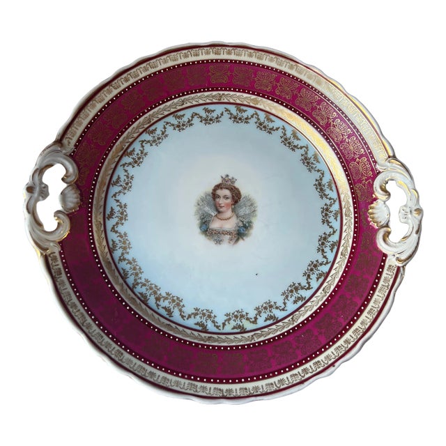Antique Vintage Bawo & Dotter Marie Antoinette Portrait Beaded Cranberry & Gold Cake Plate For Sale