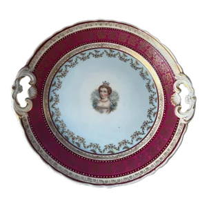 Antique Vintage Bawo & Dotter Marie Antoinette Portrait Beaded Cranberry & Gold Cake Plate