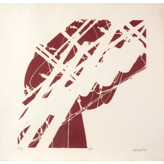 "Poles" Minimalist Abstract Lithograph on Paper Bold abstracted lithograph by Arnold Mesches (American, 1923-2016)....