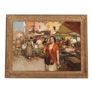Oil on Canvas Italian Street Market Scene by Giuseppe Pitto (Italian 1857-1928) For Sale
