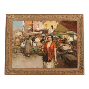 Oil on Canvas Italian Street Market Scene by Giuseppe Pitto (Italian 1857-1928)