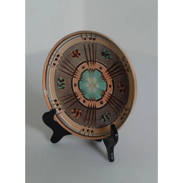Folk Art Vintage Hand-Painted Geometric Folk Art Pottery Plate For Sale - Image 3 of 5
