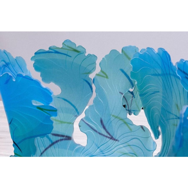 Janet Kelman Seafan Series Signed Contemporary Studio Glass Azure Blue Leaf Bowl For Sale In Detroit - Image 6 of 8