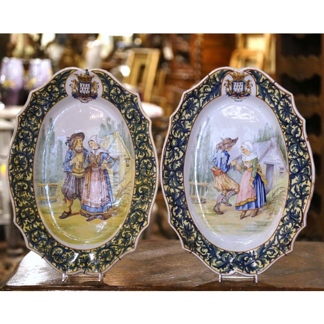 Ceramic Pair 19th Century French Painted Faience Porquier Beau Quimper Wall Platters For Sale - Image 7 of 17