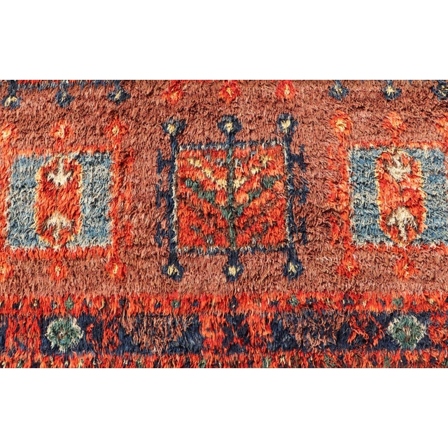 Vintage Turkish Tulu Rug With Bold Red Field and Blue Geometric Motifs For Sale In Atlanta - Image 6 of 12