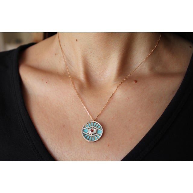 Diamond Halo Evil Eye Turquoise 18k Rose Gold Pendant Charm Medallion Necklace For Sale - Image 12 of 18