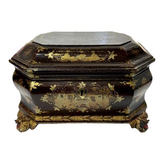 Antique Louis XV Chinese Gilt Lacquerware Tea Caddy Box W/Carved Dragon Feet For Sale