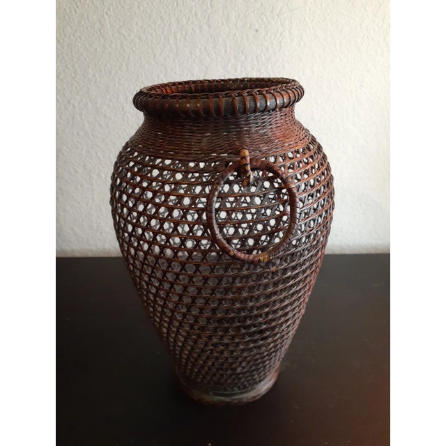 1980s 1970s Handmade Decorative Rattan Vase With Holders For Sale - Image 5 of 6