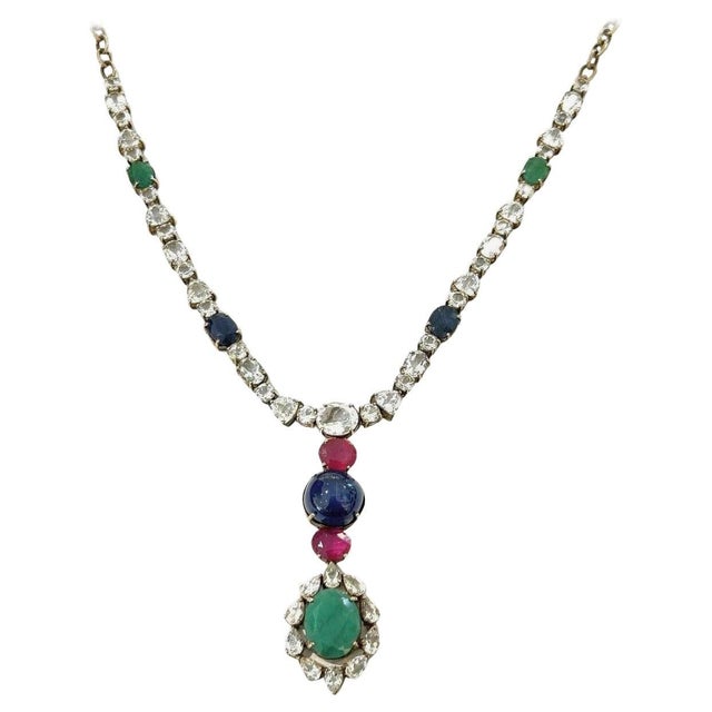 Bochic "Capri" Vintage Sapphire, Ruby & Emerald Necklace - 18K Gold & Silver For Sale - Image 15 of 18