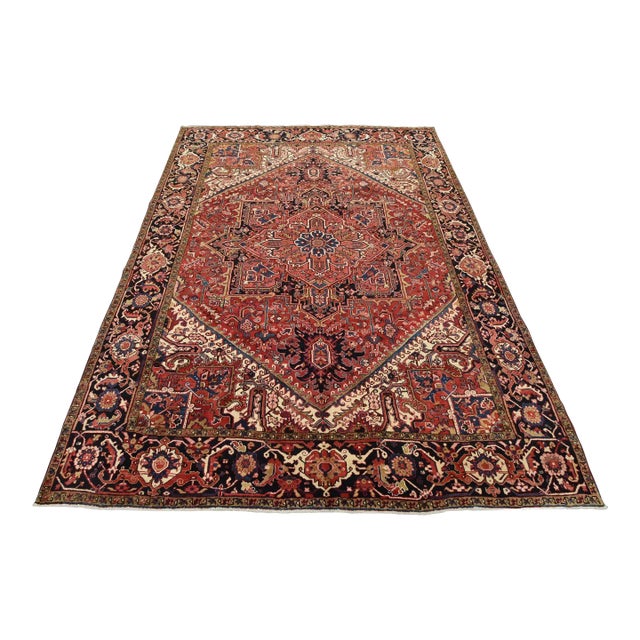 Heriz Rug 9'7'' X 12'5'' Red Wool Vintage Tribal Hand-Knotted Oriental Carpet For Sale