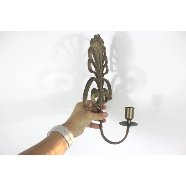1970s Pair of 1970s Brass Wall Candle Sconces Peacock or Scroll Fan Shape For Sale - Image 5 of 12