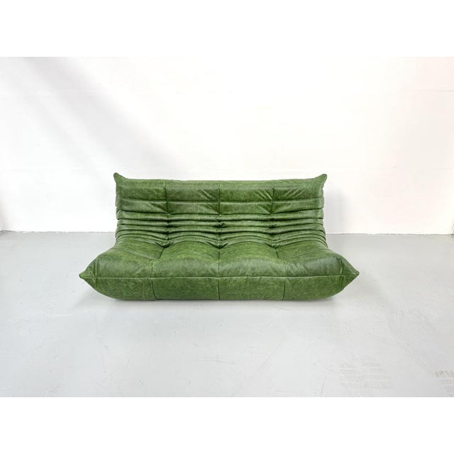 Forest Green French Three-Seater Togo Sofa in Forest Green Leather by Michel Ducaroy for Ligne Roset For Sale - Image 8 of 12
