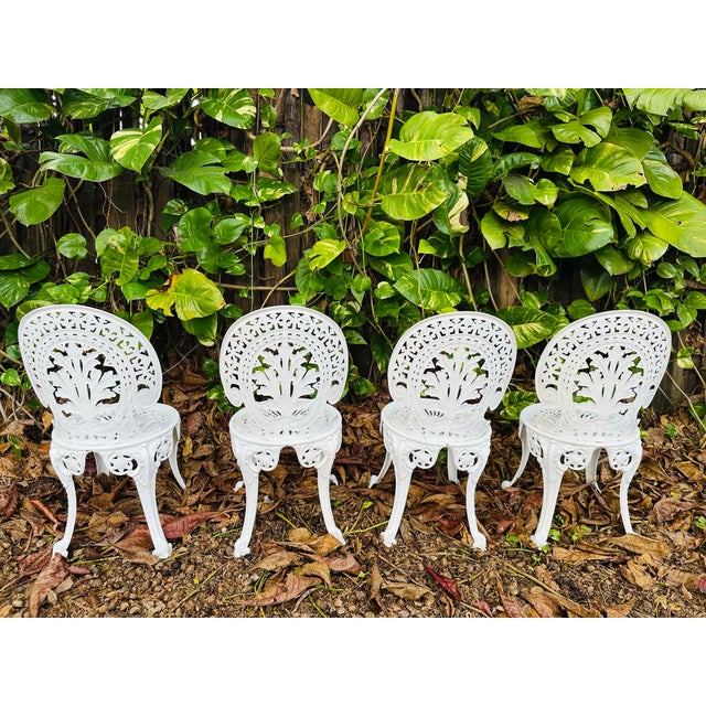 Hollywood Regency Vintage Victorian Cast Aluminum Garden Chairs - Set of 4 For Sale - Image 4 of 11