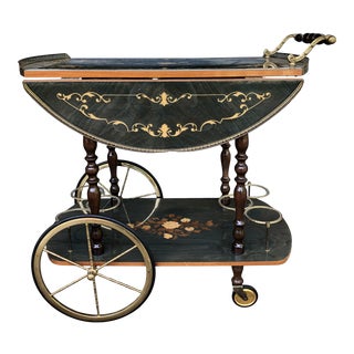Vintage Italian Brass Marquetry Bar Cart For Sale