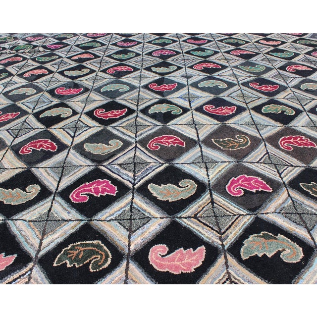 Mint Antique American Hooked Rug With Diamond Patchwork Geometric Leaf Design 9'2"x12'1" For Sale - Image 8 of 10