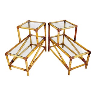 Pair of Mid-20th Century Two-Tier Rattan Side Tables For Sale