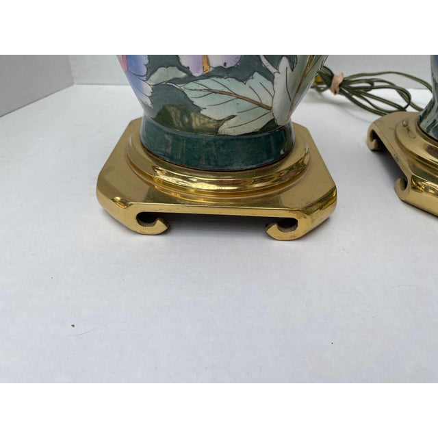Vintage Chinoiserie Green Ceramic Floral Table Lamps With Brass Bases a Pair For Sale - Image 13 of 18