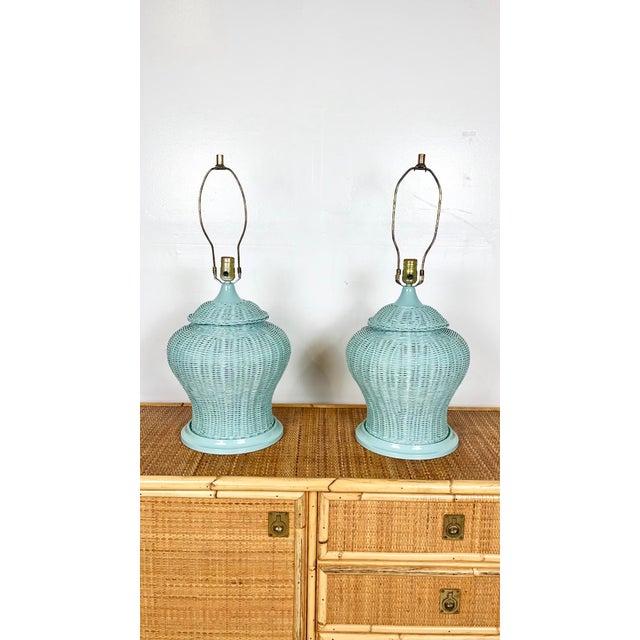 Newly Lacquered Vintage Wicker Lamps- A Pair For Sale - Image 4 of 8