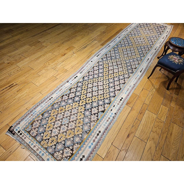 Persian Vintage Persian Qazvin Tribal Kilim Runner, Handwoven Allover Paisley Pattern, Brown & Ivory, 4’ x 18’ For Sale - Image 3 of 17