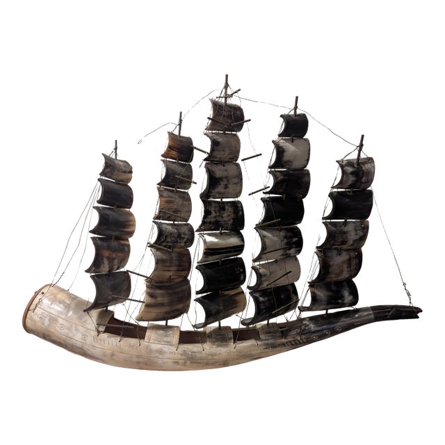 Vintage Large Carved Horn Ship With Five Sails For Sale