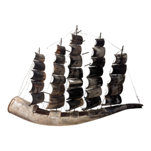 Vintage Large Carved Horn Ship With Five Sails
