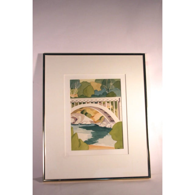 A wonderful painting with watercolor mixtures of green pastels contrasting with a serene white bridge. (Unknown artist-...