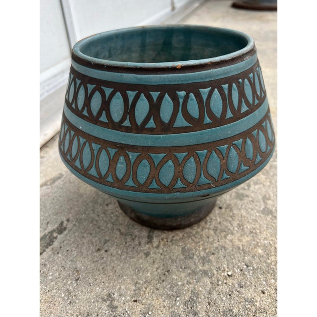 Mid-Century Modern Mid 20th Century Italian Teal Planter With Geometric Design For Sale - Image 3 of 6