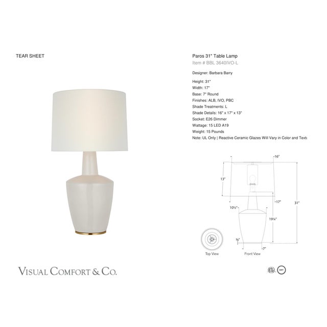 Barbara Barry by Visual Comfort Signature Paros 31" Table Lamp in Ivory with Linen Drum Shade Designer: Barbara Barry...