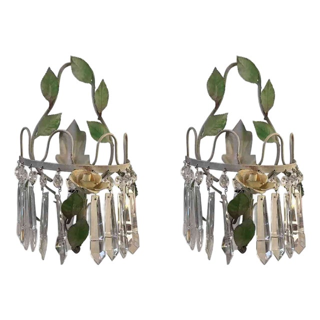Green Lacquered Iron and Crystal Wall Lamps, 1970s, Set of 2 For Sale