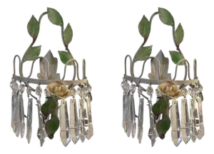 Green Lacquered Iron and Crystal Wall Lamps, 1970s, Set of 2