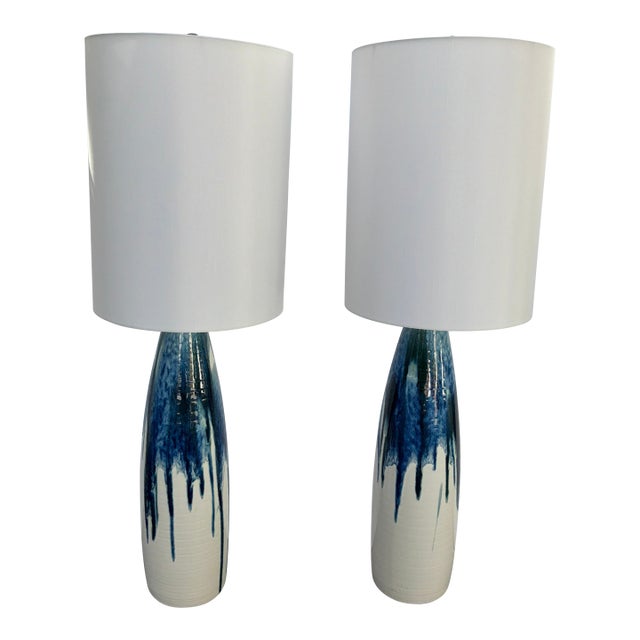 Mid Century Style White & Blue Drip Lamps - Pair. For Sale